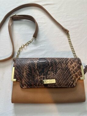 Jessica Simpson Tan & Brown Python-Print Flap Crossbody